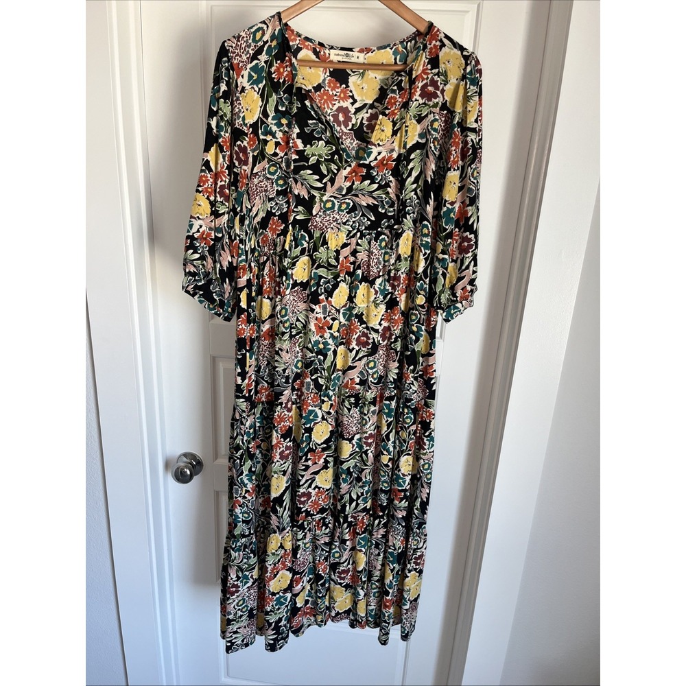 Natural Life Black Floral Tiered Maxi Dress  Necktie  Cottage Core Boho Chic  M - Picture 4 of 13